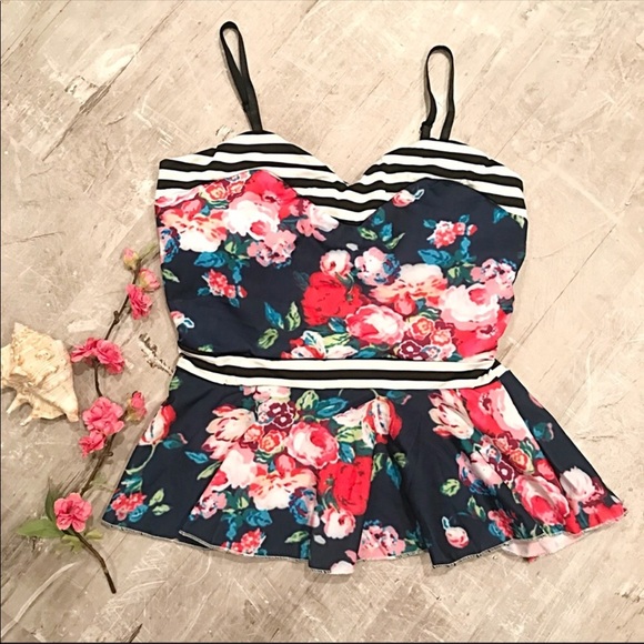 Peplum 2 Piece Swimsuit Flower Striped Tankini - Picture 7 of 8